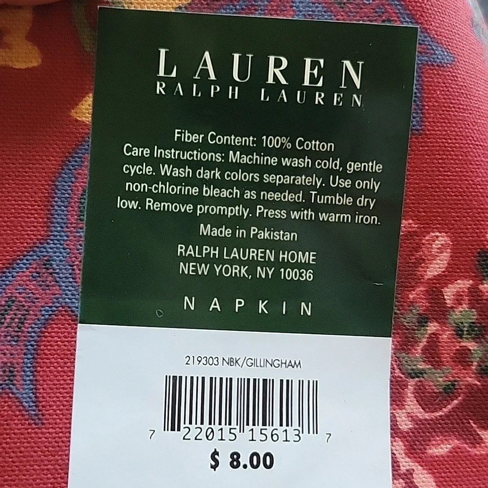Ralph Lauren Christmad Red Green 100% Cotton Napkin Dish Towel Square 19